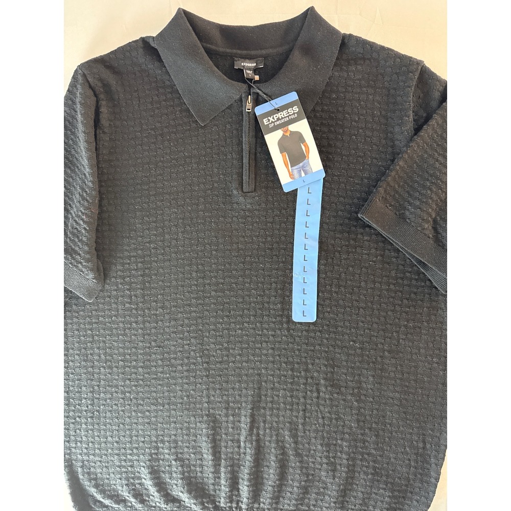Express Mens Black Zip Sweater Polo Textured Waffle Knit Short Sleeve Large NEW